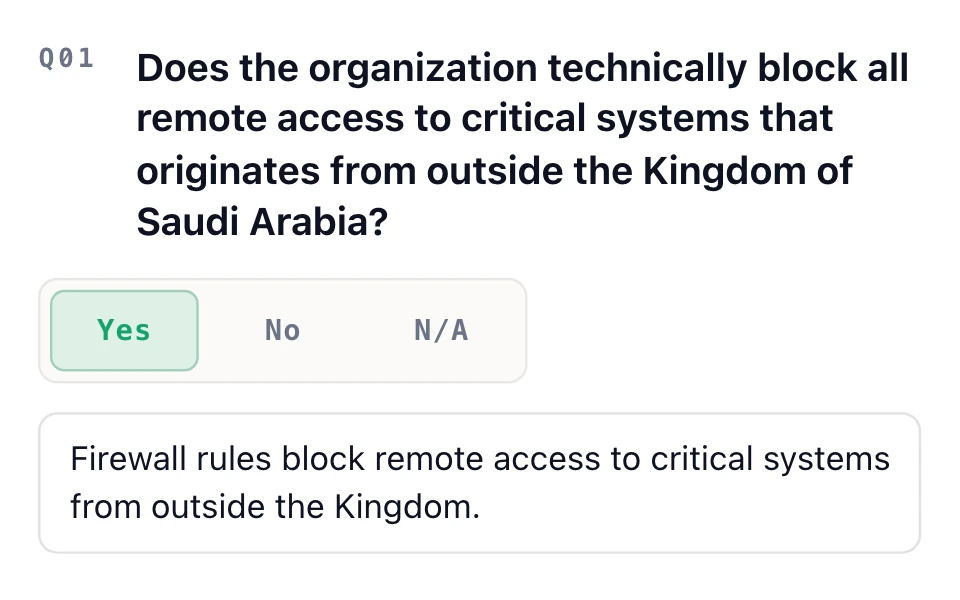 CSCC assessment question, “Does the organization technically block all remote access to critical systems that originates from outside the Kingdom of Saudi Arabia?”, answered Yes with a note about firewall rules.