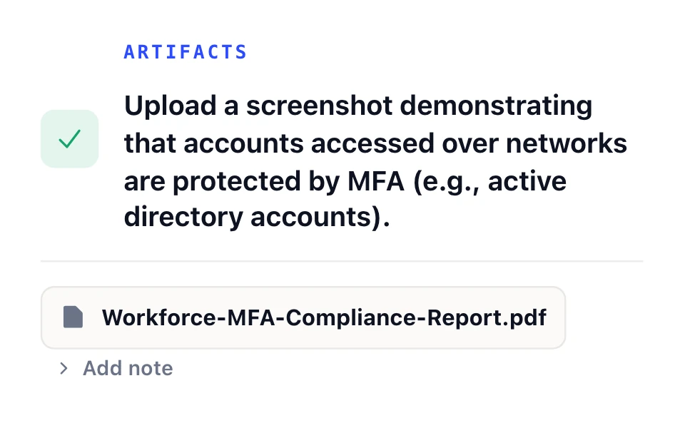 Evidence requirement marked complete, with an uploaded MFA compliance report.