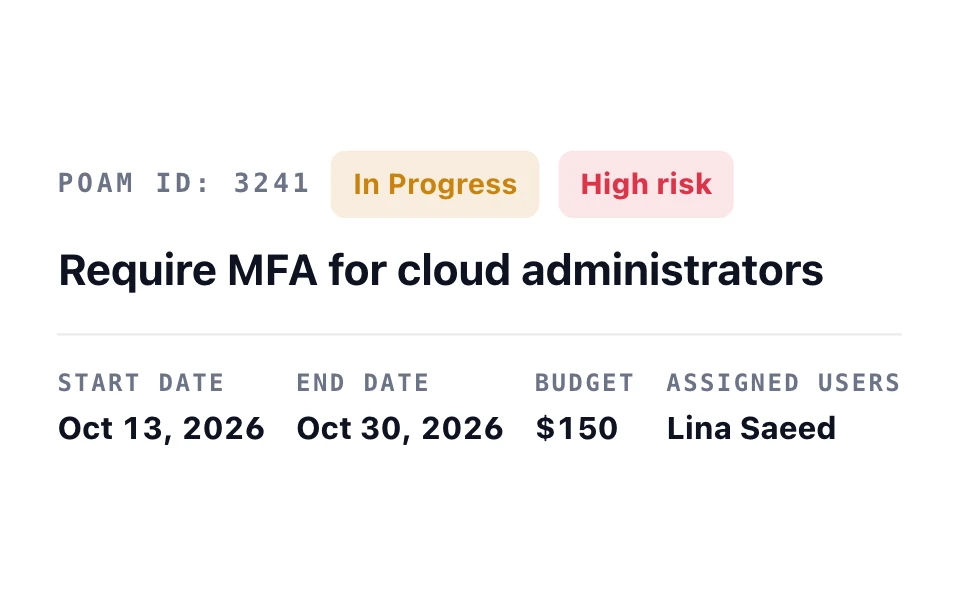 Remediation task “Require MFA for cloud administrators”: in progress and high risk, with its dates, a $150 budget, and its owner.
