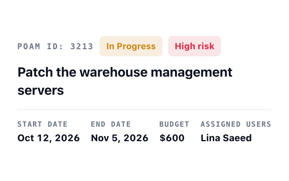 Remediation task “Patch the warehouse management servers”: in progress and high risk, with its dates, a $600 budget, and its owner.