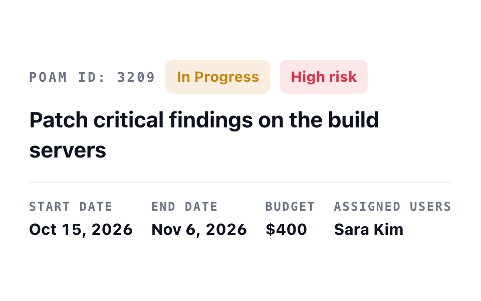 Remediation task “Patch critical findings on the build servers”: in progress and high risk, with its dates, a $400 budget, and its owner.
