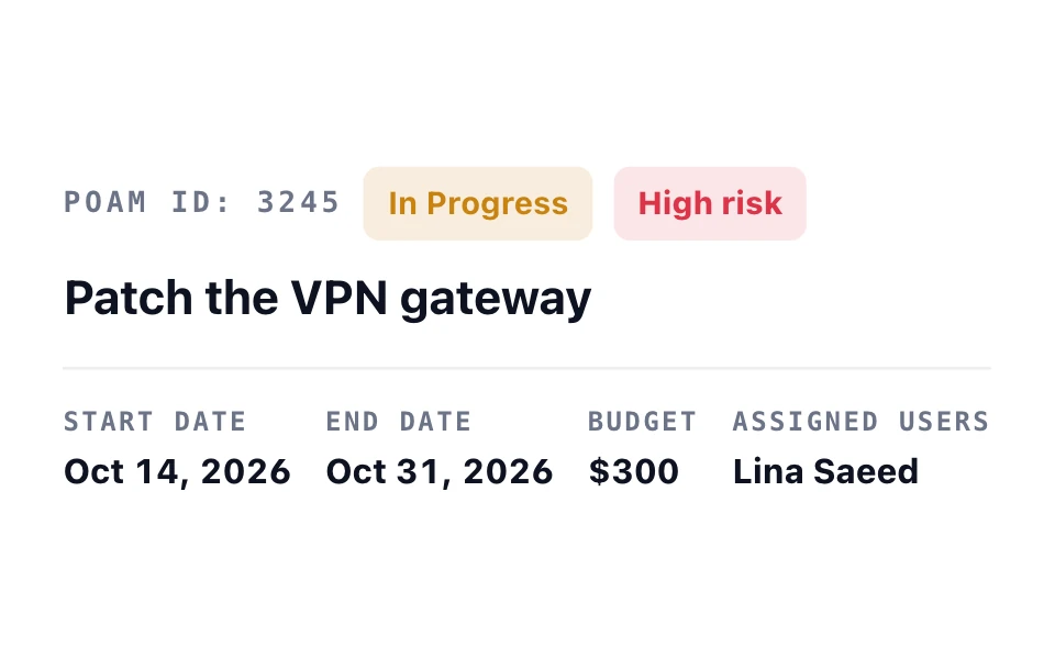 Remediation task “Patch the VPN gateway”: in progress and high risk, with its dates, a $300 budget, and its owner.