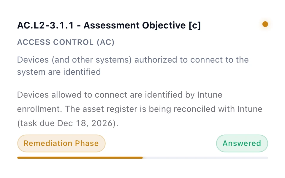 System security plan workspace: requirement AC.L2-3.1.1, objective [c], noting that devices allowed to connect are identified by Intune enrollment.