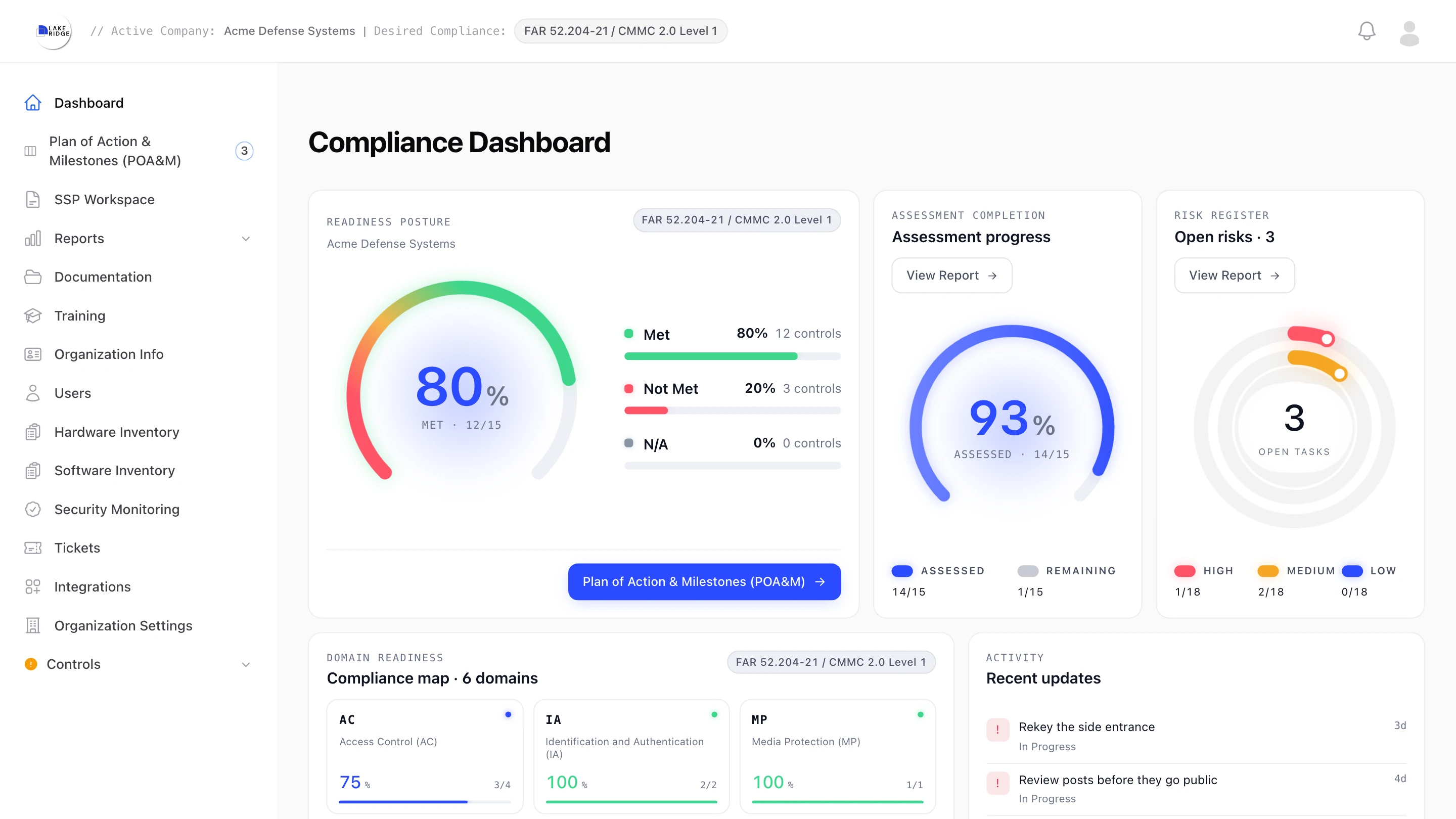 LakeRidge compliance dashboard for a demo company on FAR 52.204-21 / CMMC 2.0 Level 1: 12 of 15 controls met, 14 of 15 assessed, and 3 open risks.