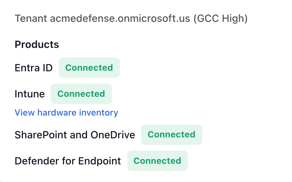 Microsoft 365 integration for a demo GCC High tenant, with Entra ID, Intune, SharePoint and OneDrive, and Defender for Endpoint all connected.