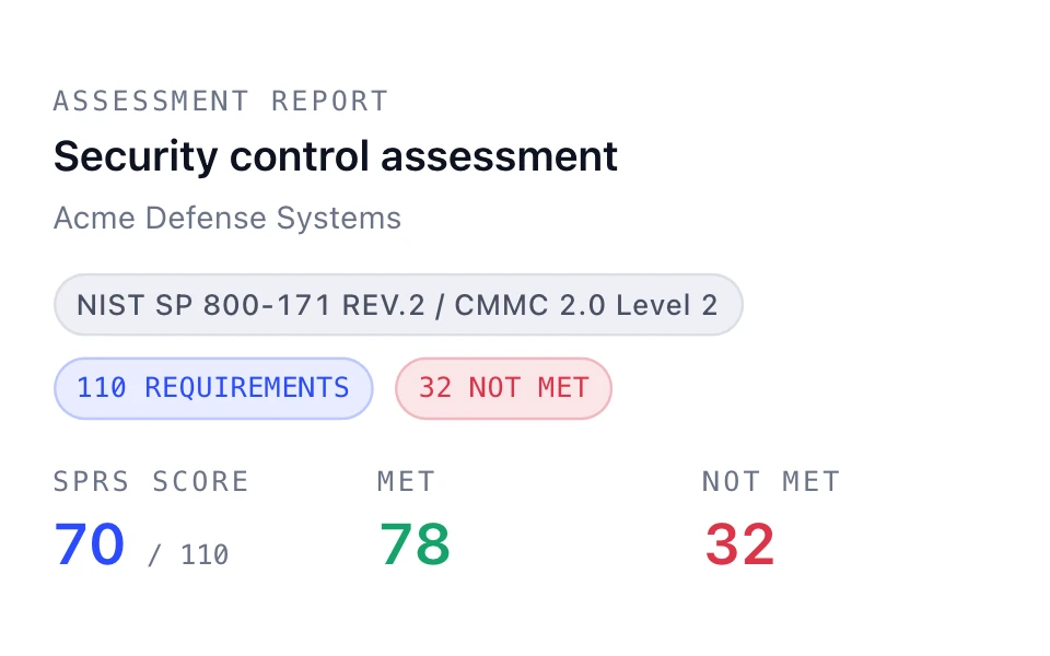 Assessment report summary for a demo company: score 70 of 110, with 78 requirements met and 32 not met.